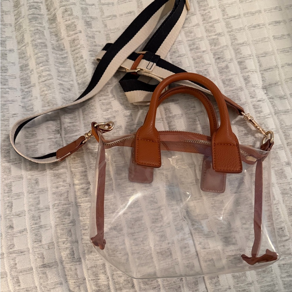Universal Thread Clear Crossbody Bag with Brown Trim and Black-White Strap